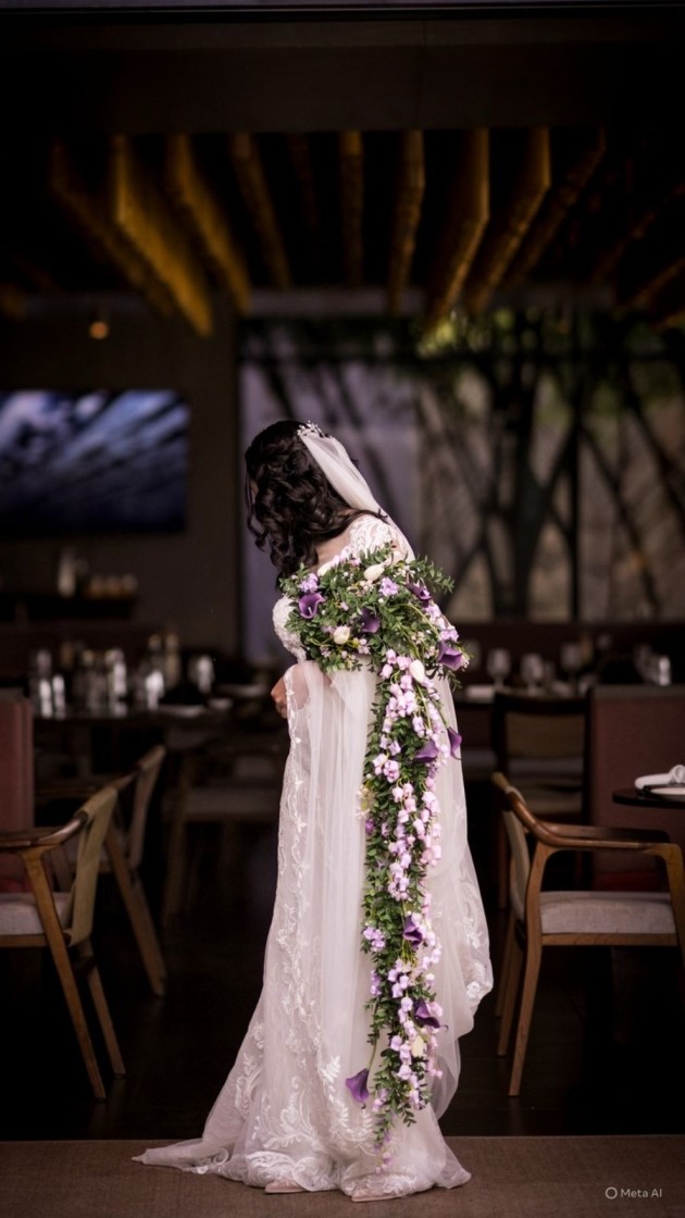 Bride in lace gown holding cascading lilac bouquet