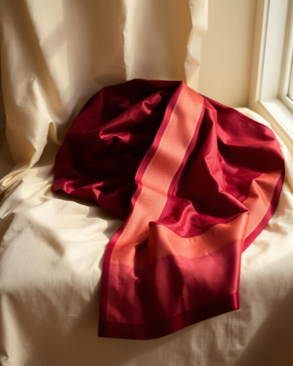 Silk saree with gold border folded on ivory linen