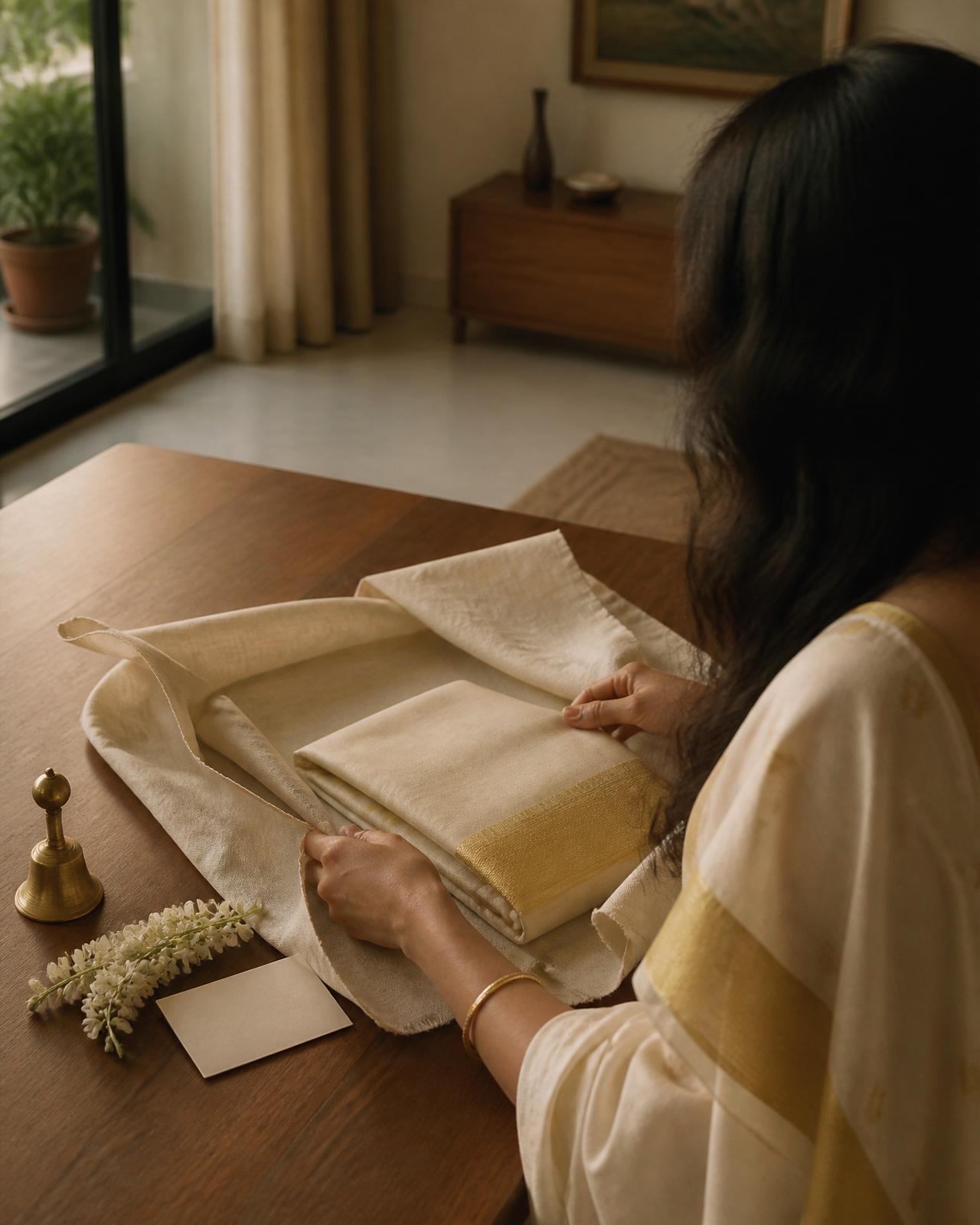 A young woman's hands folding a cream kasavu saree into a linen wrap with a jasmine sprig and a handwritten card beside her