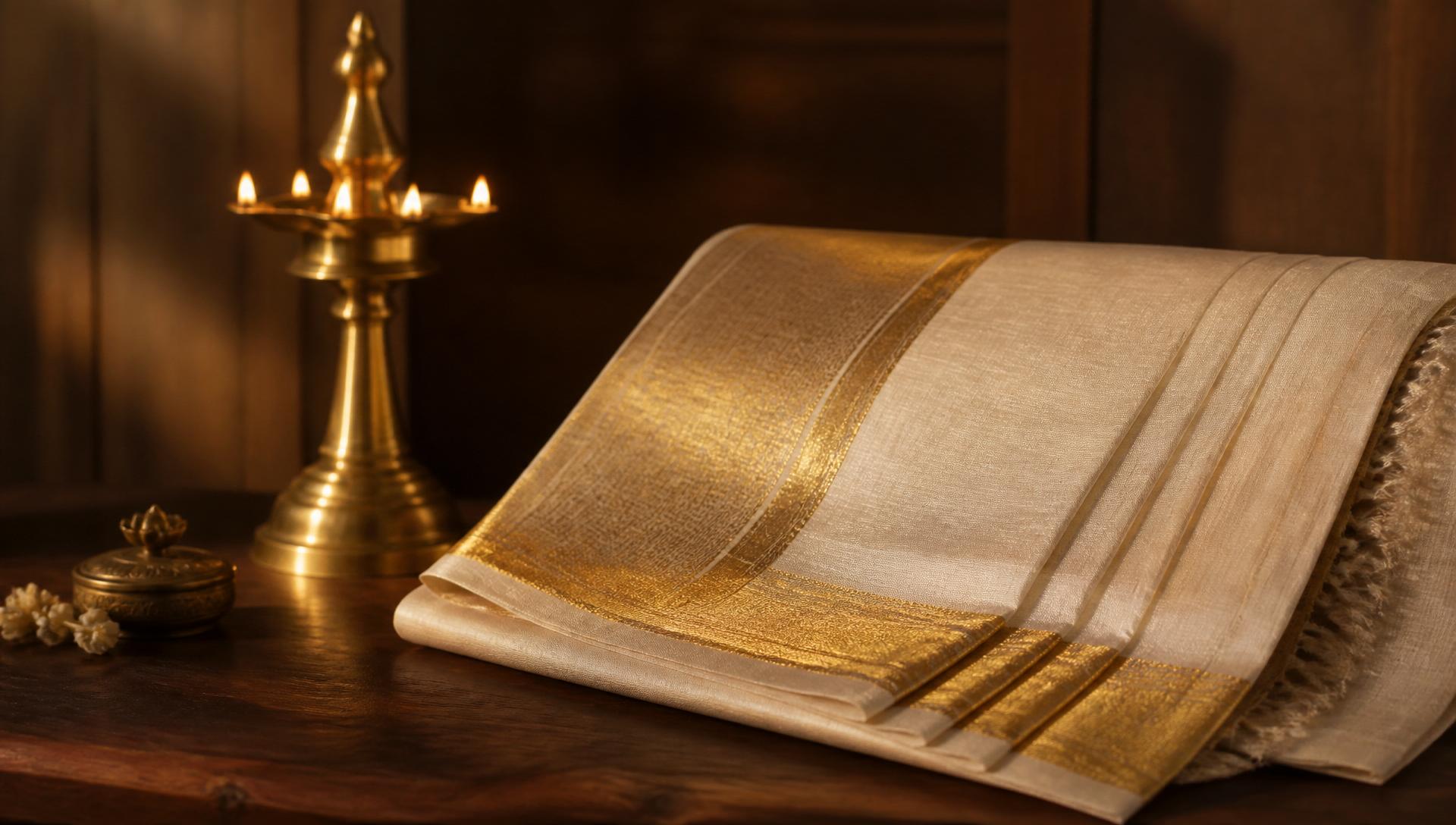 Cream kasavu saree with a broad gold zari border on dark rosewood beside a brass nilavilakku lamp