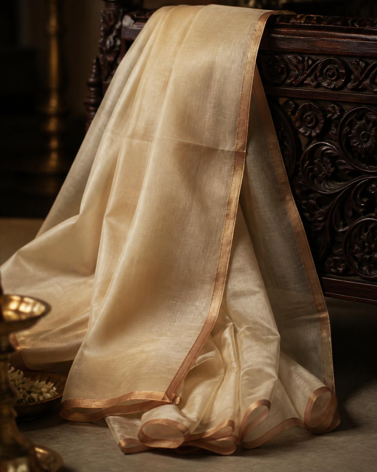 Tissue Kasavu with Copper Border, Handloom cotton with zari saree by Allies Atelier